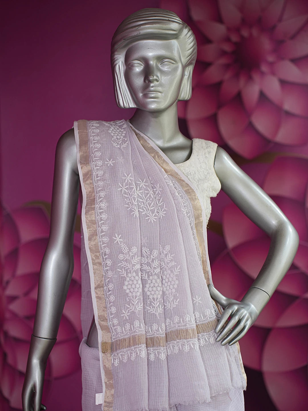 Ada Hand Embroidered Lavender Kota Lucknowi Chikankari Saree With Blouse 01A695705