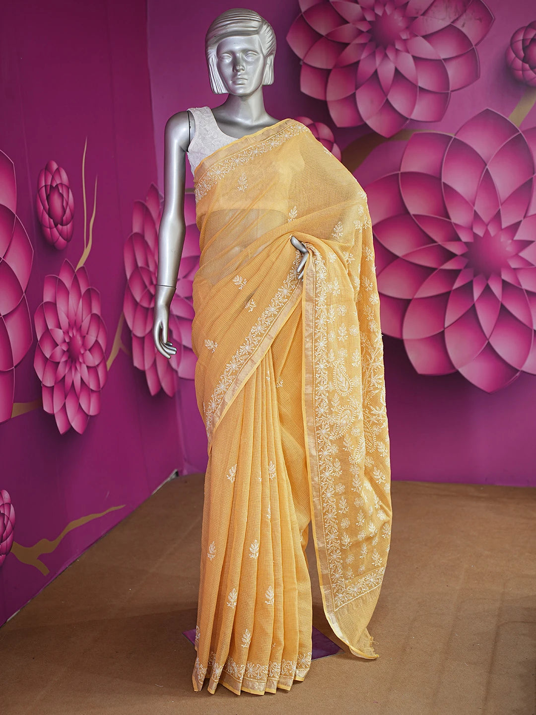Ada Hand Embroidered Mustard Kota Lucknowi Chikankari Saree With Blouse 01A693479