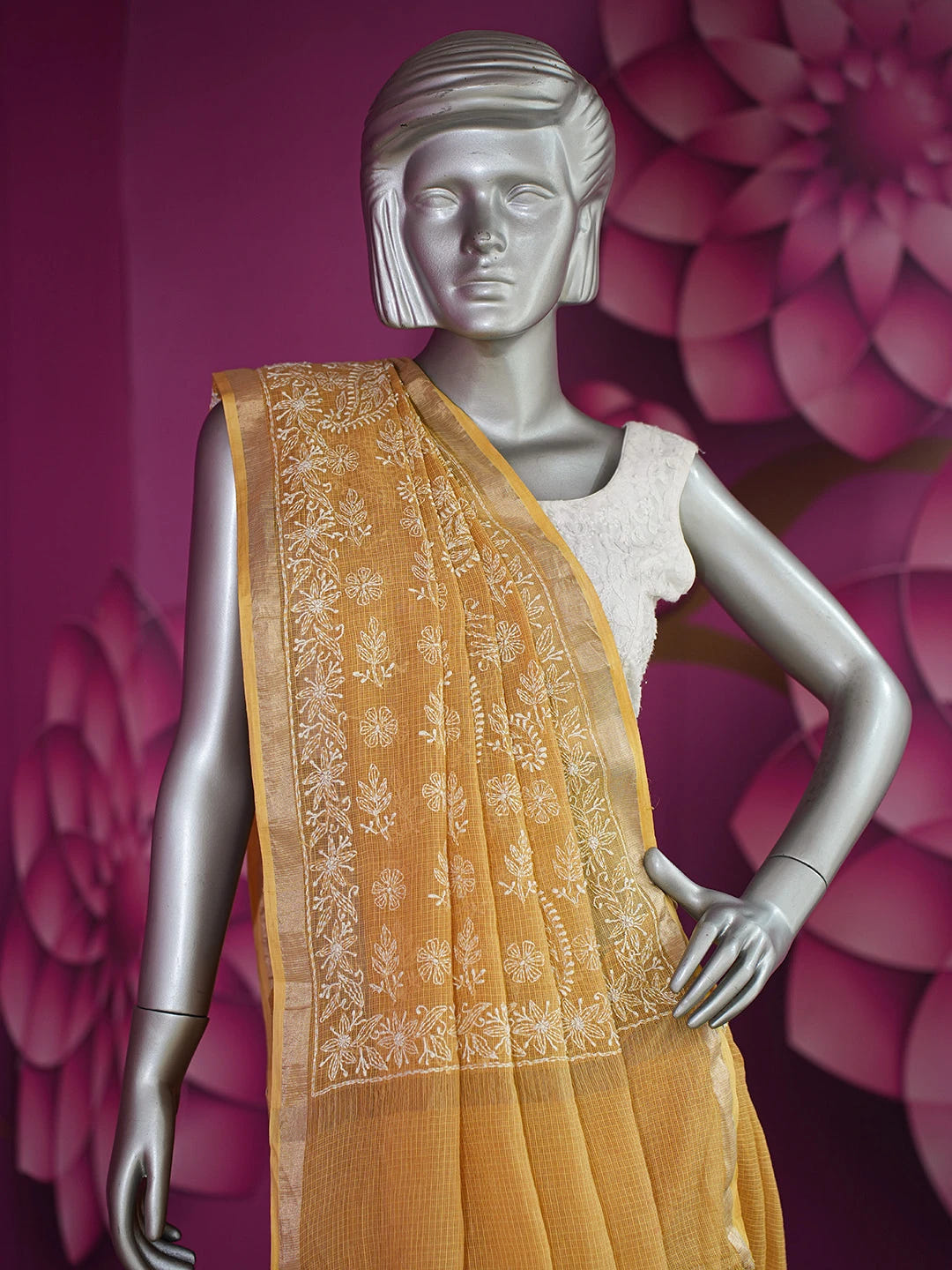 Ada Hand Embroidered Mustard Kota Lucknowi Chikankari Saree With Blouse 01A693479