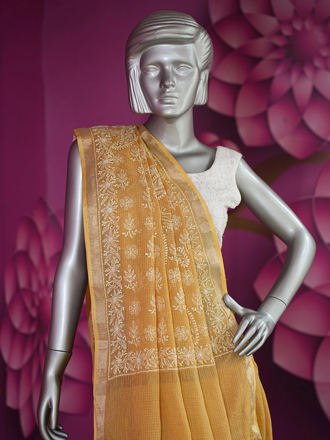 Ada Hand Embroidered Mustard Kota Lucknowi Chikankari Saree With Blouse 01A693479