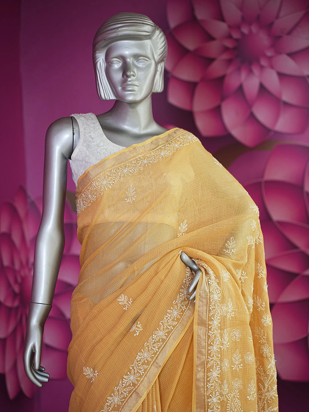 Ada Hand Embroidered Mustard Kota Lucknowi Chikankari Saree With Blouse 01A693479