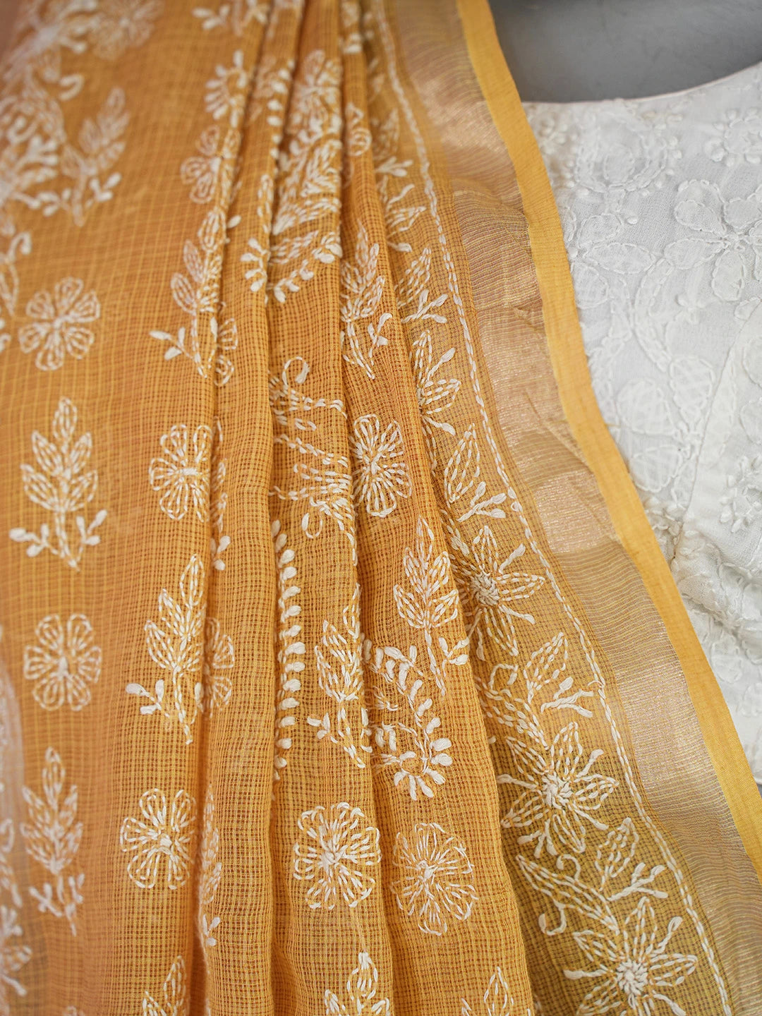 Ada Hand Embroidered Mustard Kota Lucknowi Chikankari Saree With Blouse 01A693479