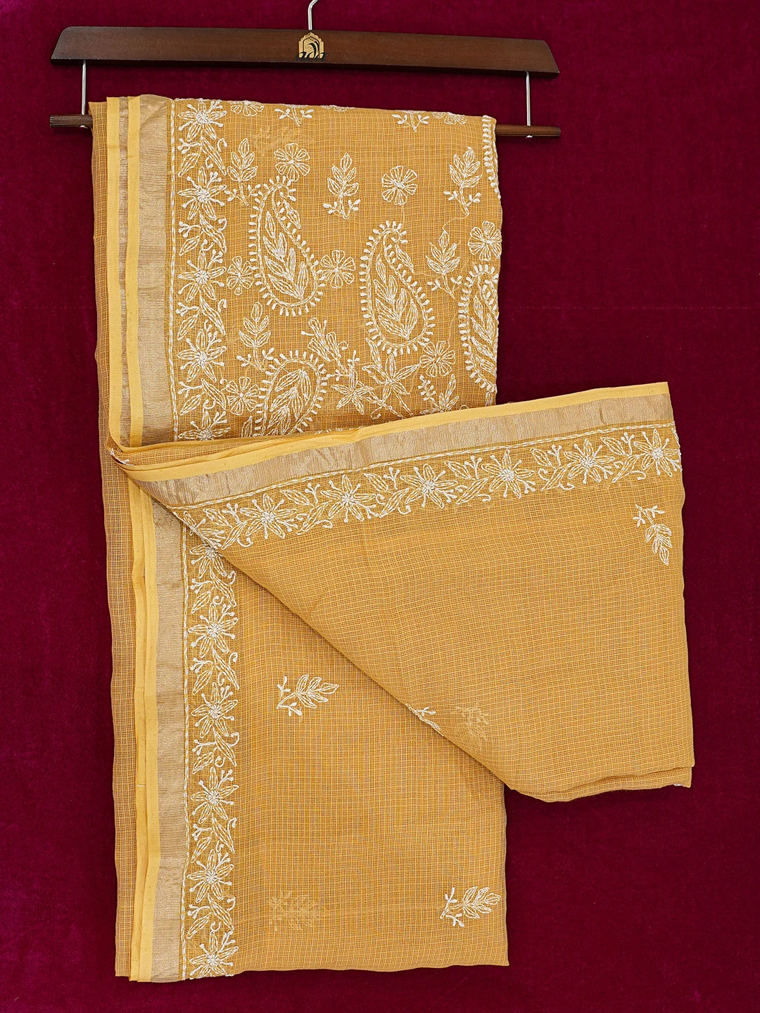 Ada Hand Embroidered Mustard Kota Lucknowi Chikankari Saree With Blouse 01A693479