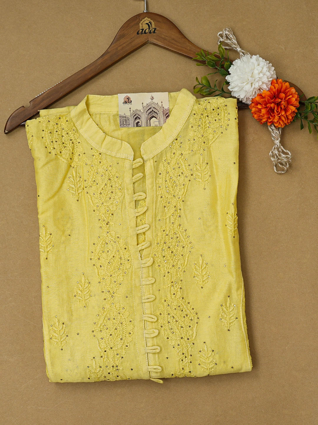 Ada Hand Embroidered Lemon Chanderi Lucknowi Chikankari Semi-Stitched Kurta Piece With Mukaish Work A597271