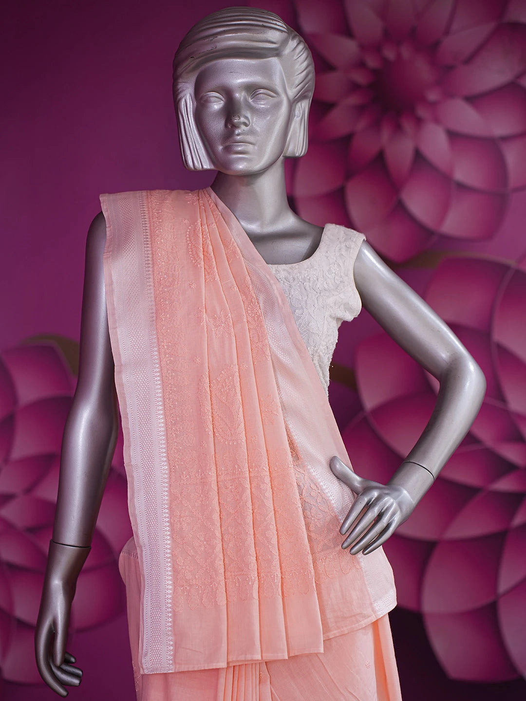 Ada Hand Embroidered Peach Pink Cotton Lucknowi Chikankari Saree With Blouse 01A703462