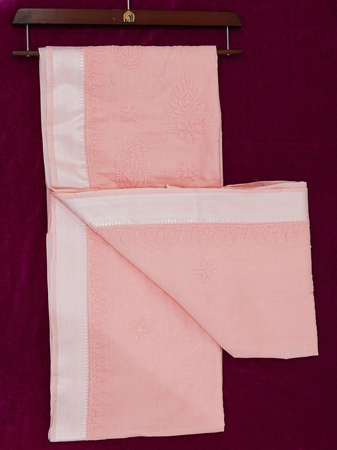 Ada Hand Embroidered Peach Pink Cotton Lucknowi Chikankari Saree With Blouse 01A703462