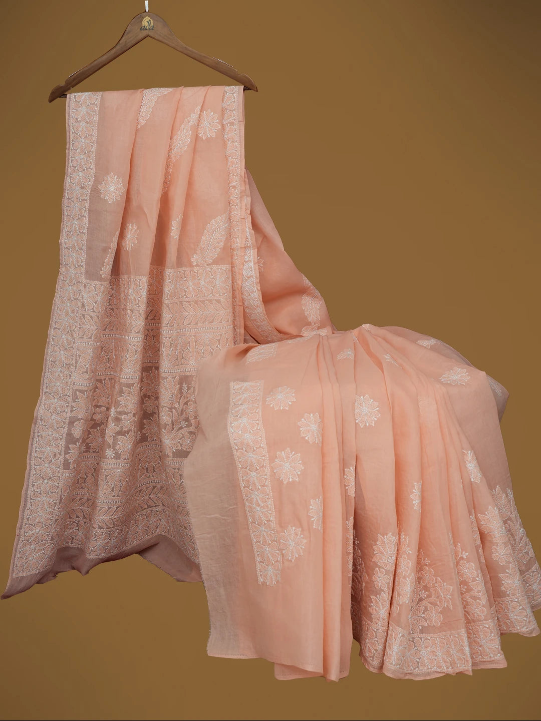 Ada Hand Embroidered Peachy Pink Cotton Lucknowi Chikankari Saree With Blouse 01A713077