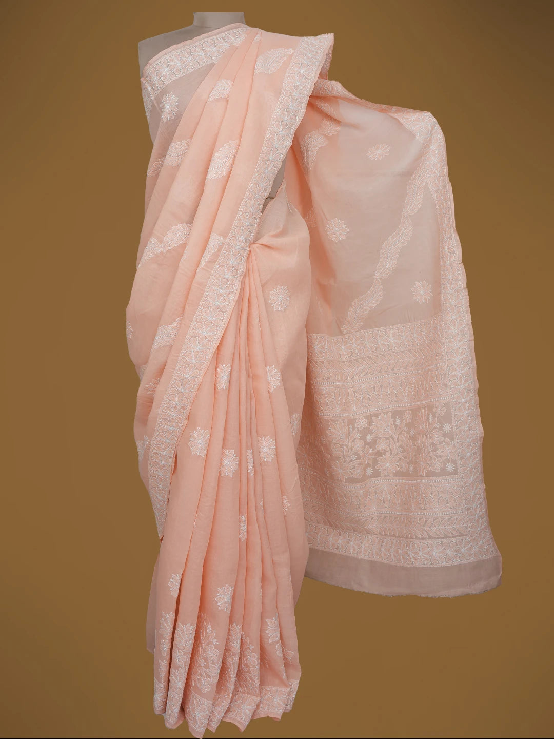 Ada Hand Embroidered Peachy Pink Cotton Lucknowi Chikankari Saree With Blouse 01A713077