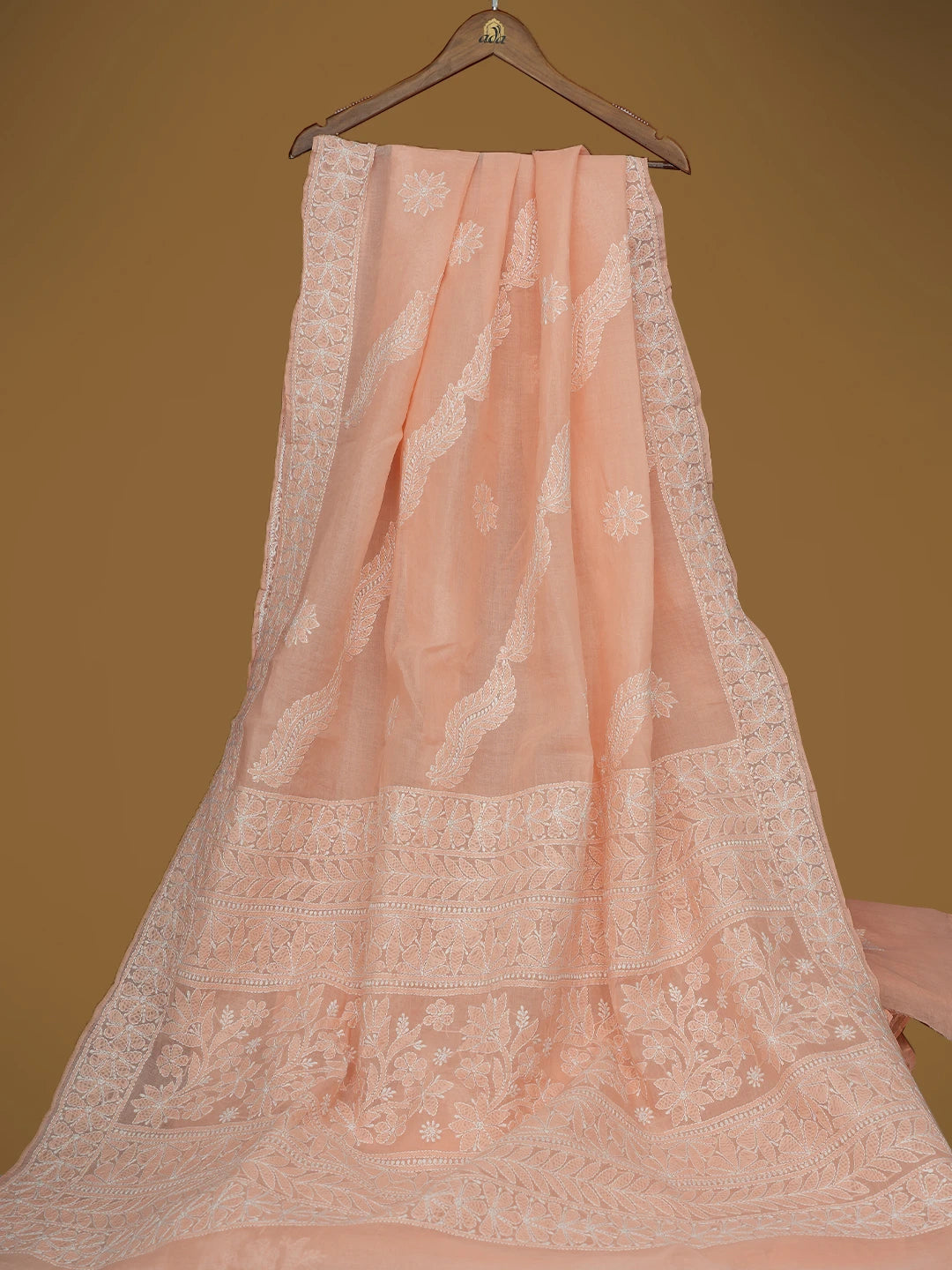 Ada Hand Embroidered Peachy Pink Cotton Lucknowi Chikankari Saree With Blouse 01A713077