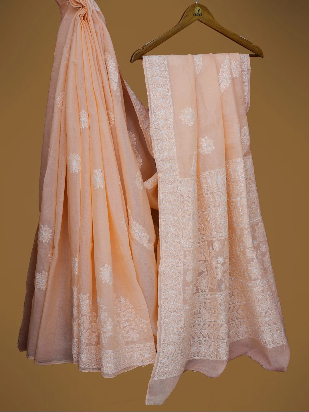 Ada Hand Embroidered Peachy Pink Cotton Lucknowi Chikankari Saree With Blouse 01A713077