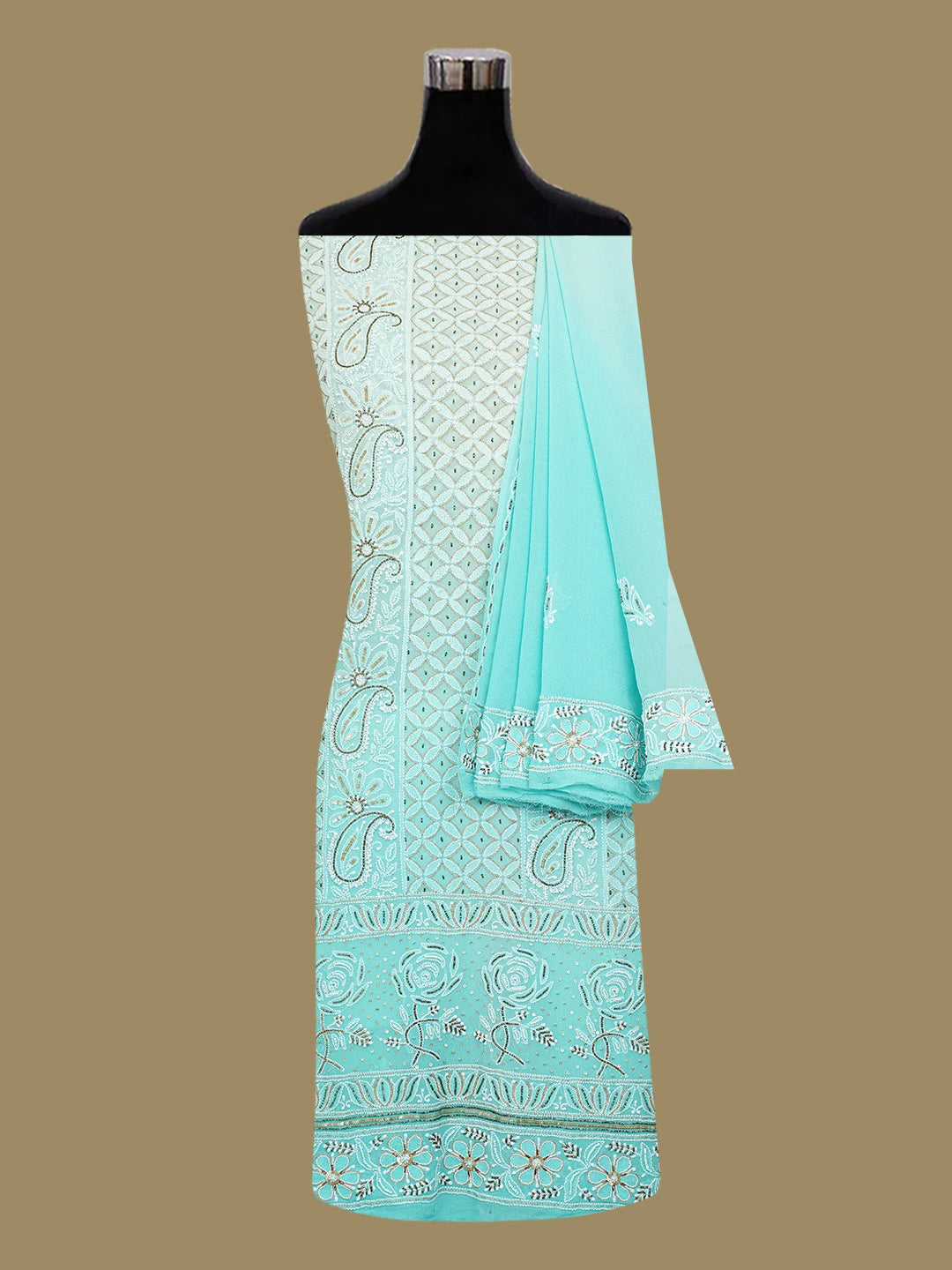 Ada Hand Embroidered Aero Blue Pure Georgette Lucknowi Chikankari Unstitched Kurta Dupatta Set With Cutdana Work 01A382782