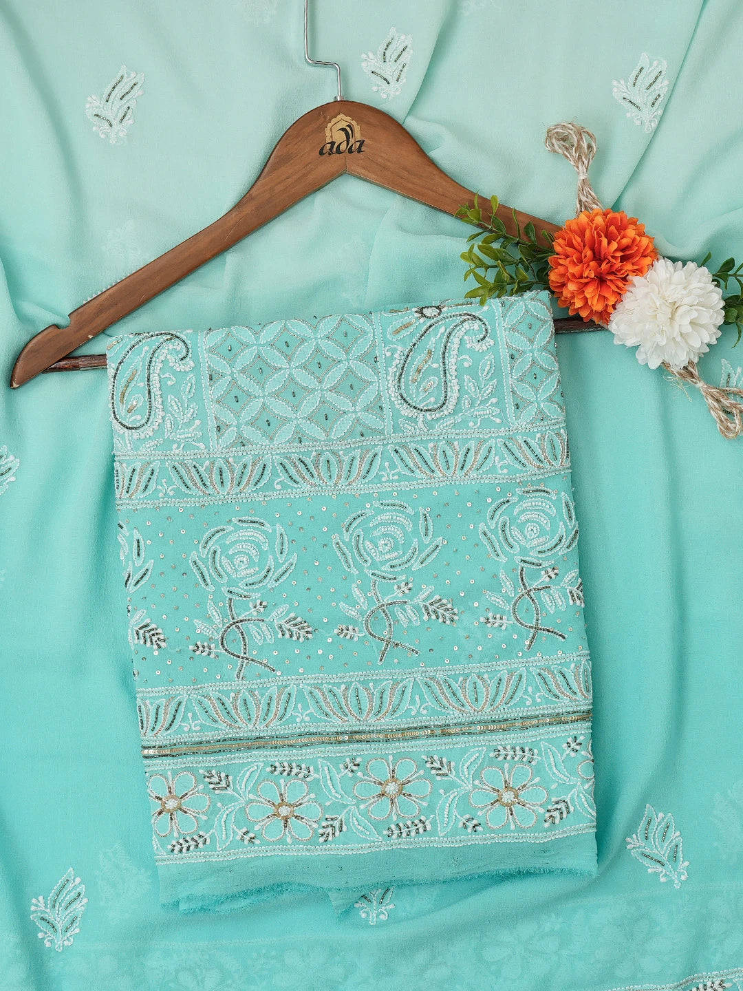 Ada Hand Embroidered Aero Blue Pure Georgette Lucknowi Chikankari Unstitched Kurta Dupatta Set With Cutdana Work 01A382782