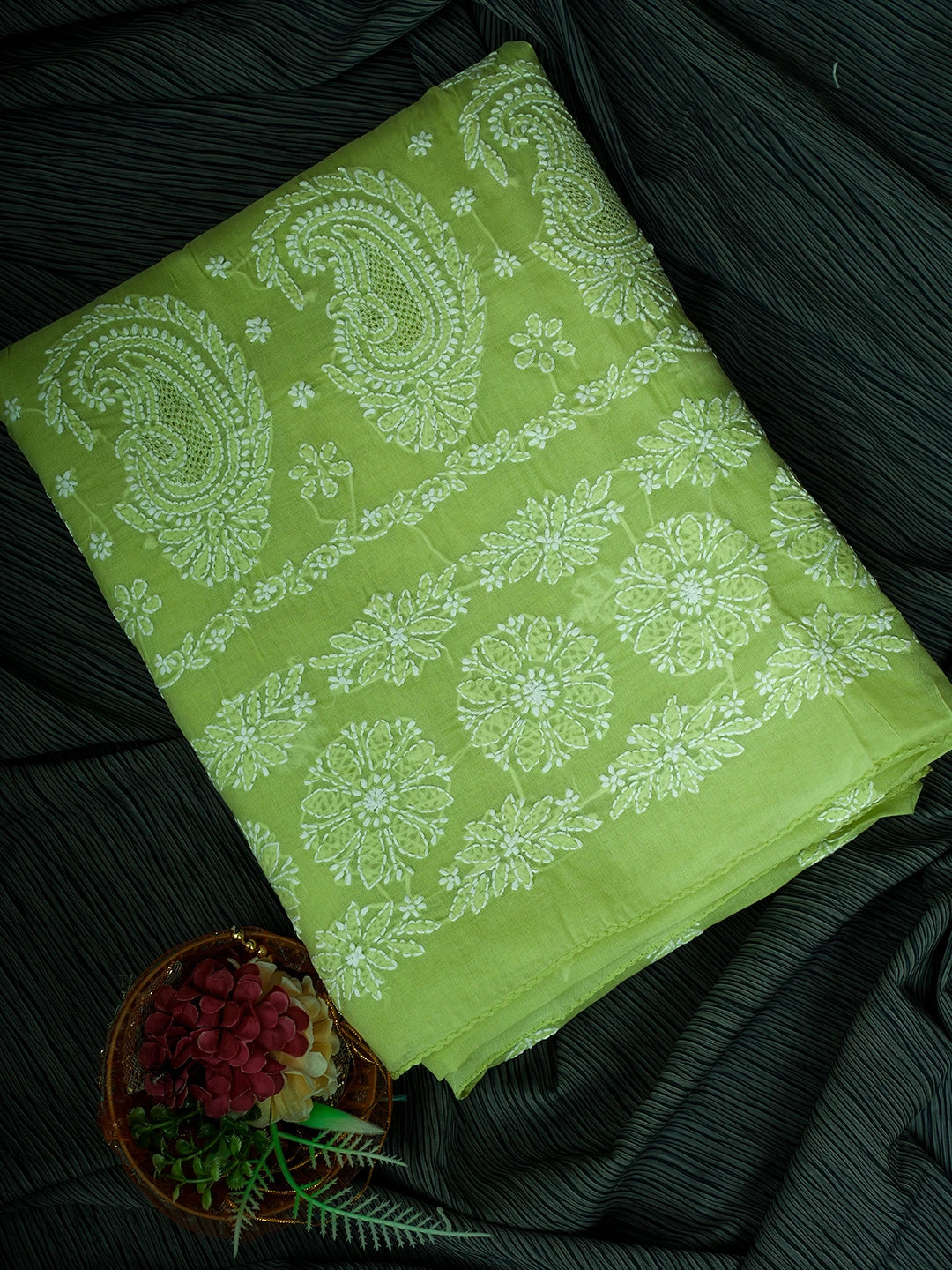 Ada Hand Embroidered Lime Green Cotton Lucknowi Chikankari Unstitched Kurta Piece 01A712127