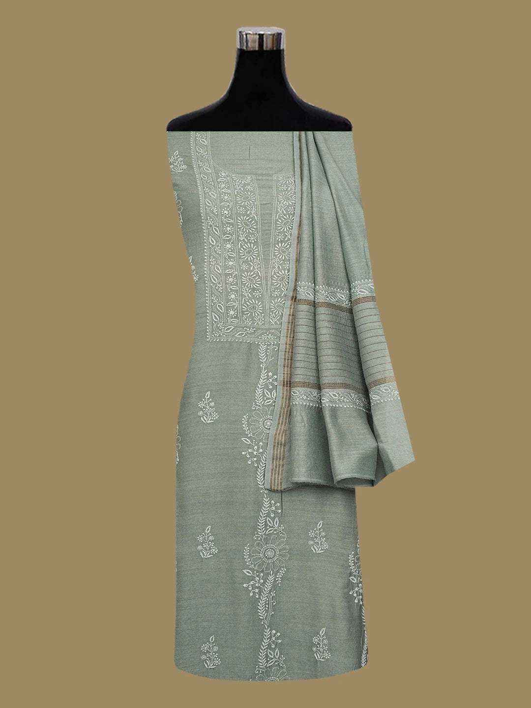 Ada Hand Embroidered Feldgrau Grey Moonga Silk Lucknowi Chikankari Unstitched Kurta Dupatta Set 01A393475