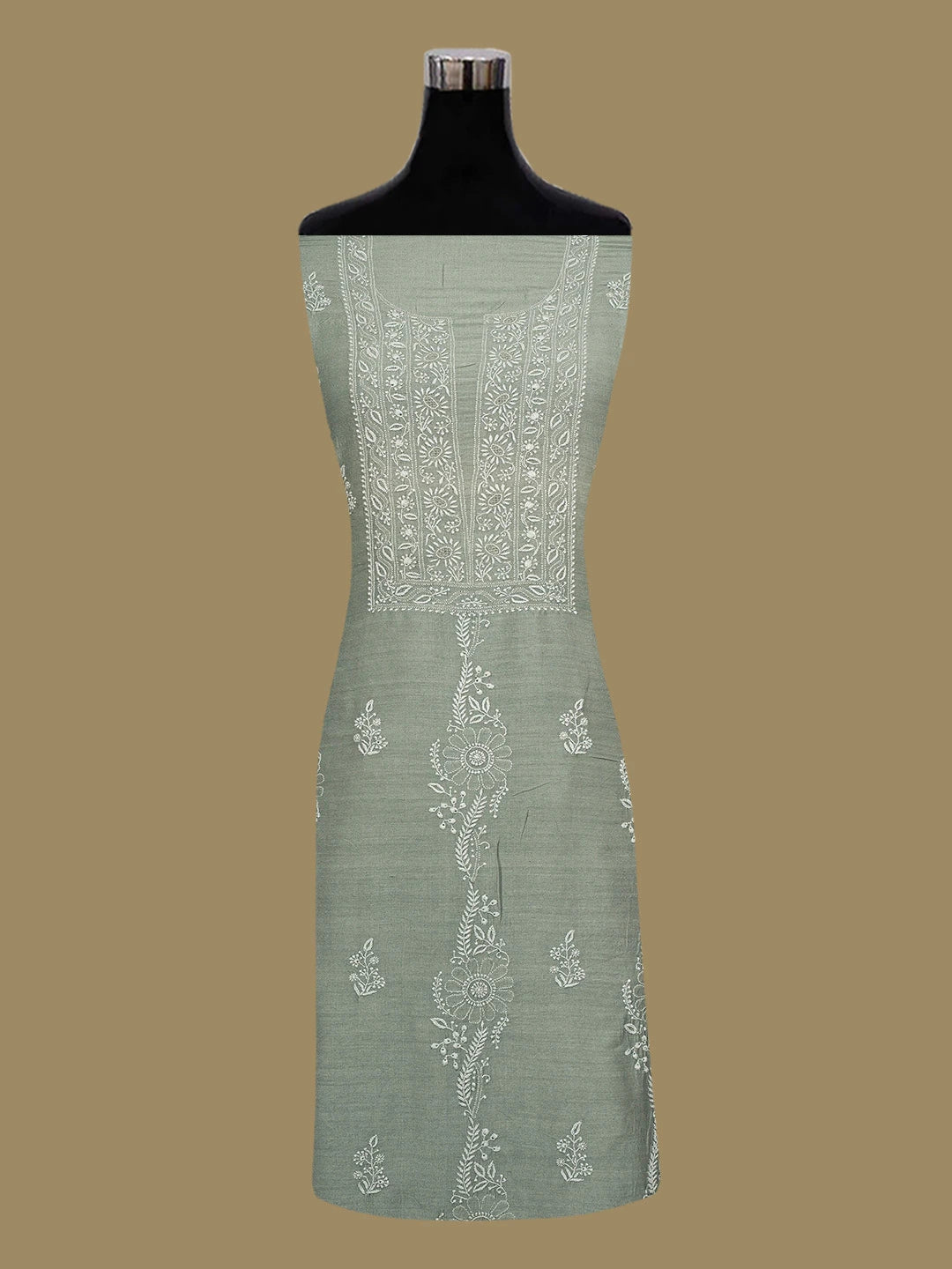 Ada Hand Embroidered Feldgrau Grey Moonga Silk Lucknowi Chikankari Unstitched Kurta Dupatta Set 01A393475