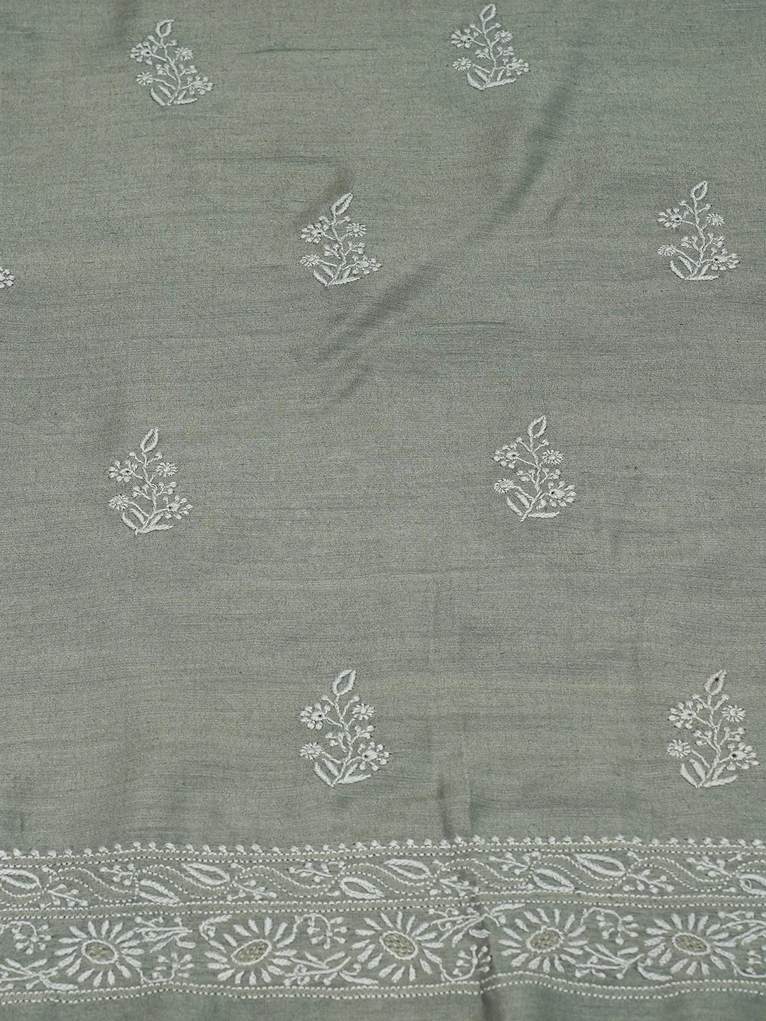 Ada Hand Embroidered Feldgrau Grey Moonga Silk Lucknowi Chikankari Unstitched Kurta Dupatta Set 01A393475