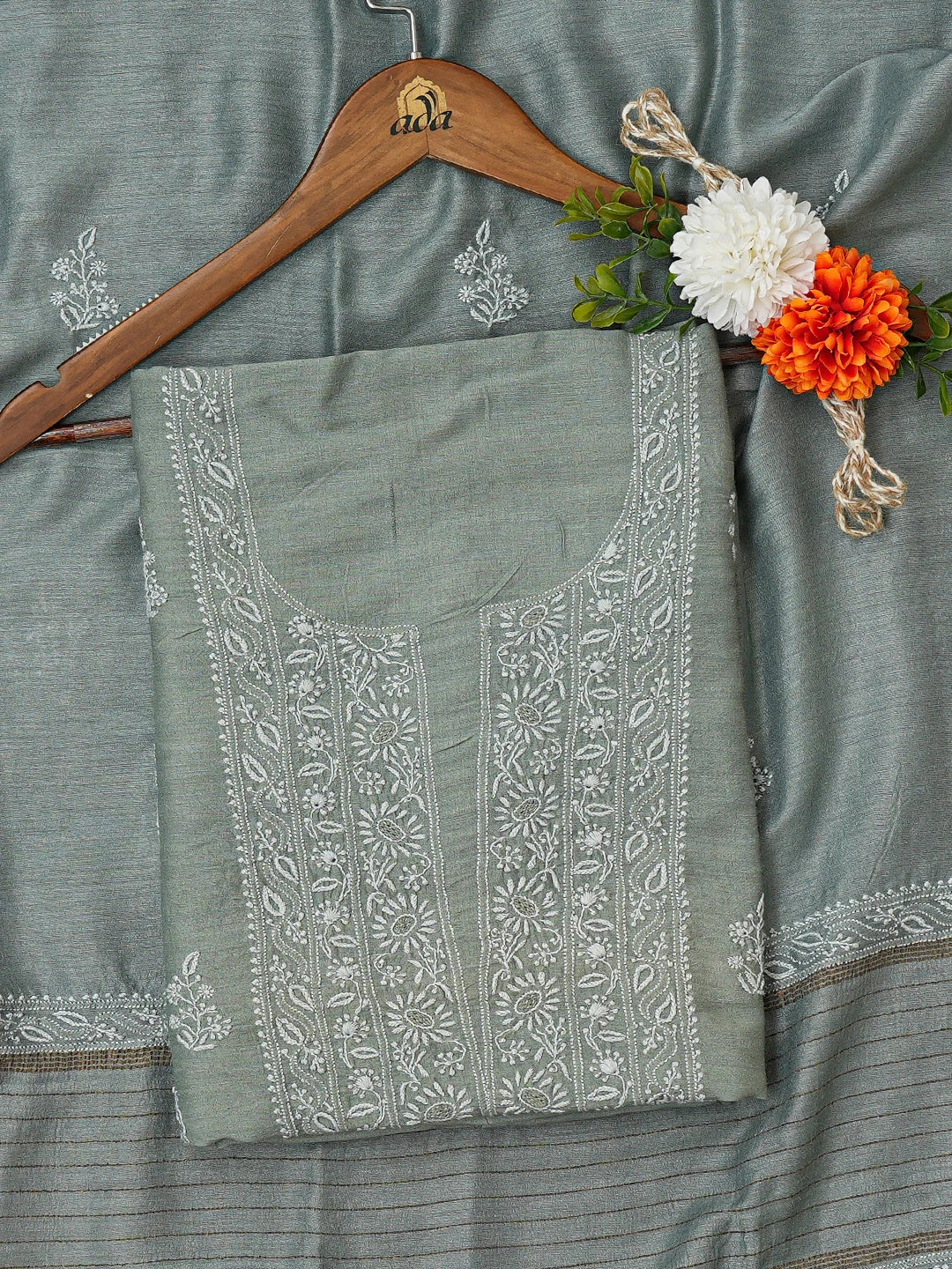 Ada Hand Embroidered Feldgrau Grey Moonga Silk Lucknowi Chikankari Unstitched Kurta Dupatta Set 01A393475