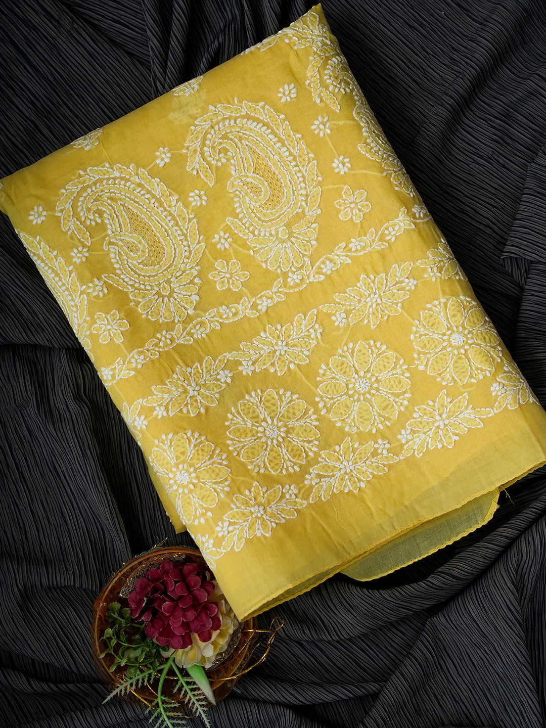 Ada Hand Embroidered Yellow Cotton Lucknowi Chikankari Unstitched Kurta Piece 01A712179