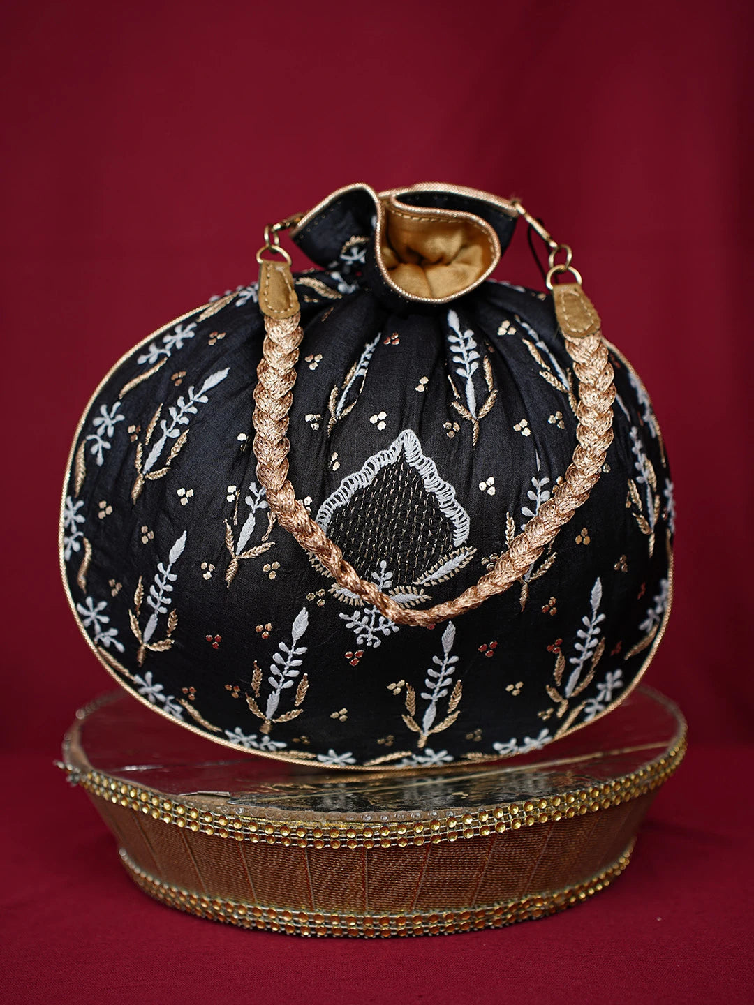Ada Hand Embroidered Black Silk Lucknowi Chikankari Potli Bag With Muqaish Work 01A696468