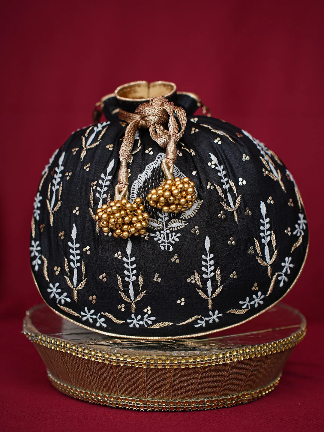 Ada Hand Embroidered Black Silk Lucknowi Chikankari Potli Bag With Muqaish Work 01A696468