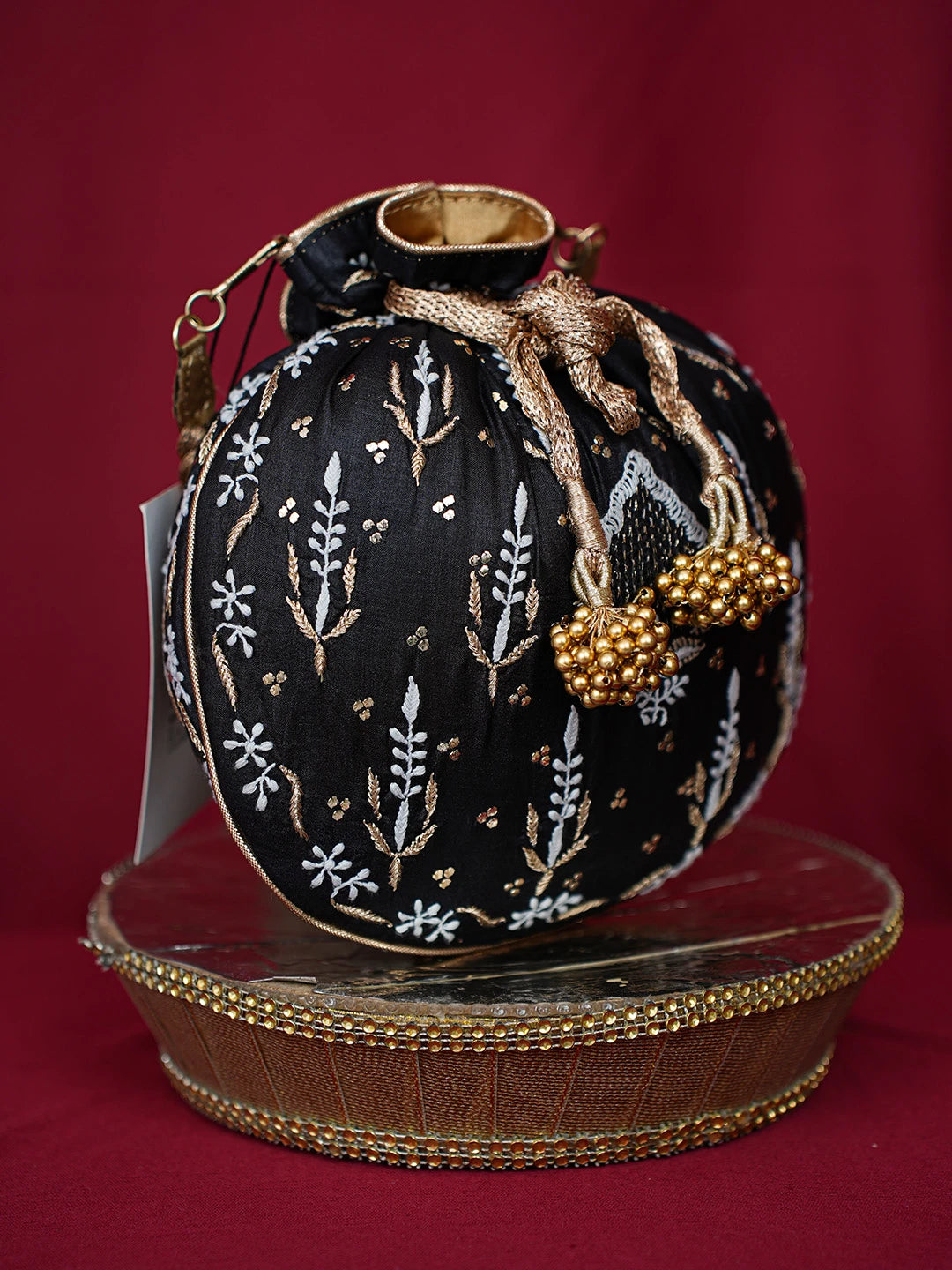 Ada Hand Embroidered Black Silk Lucknowi Chikankari Potli Bag With Muqaish Work 01A696468
