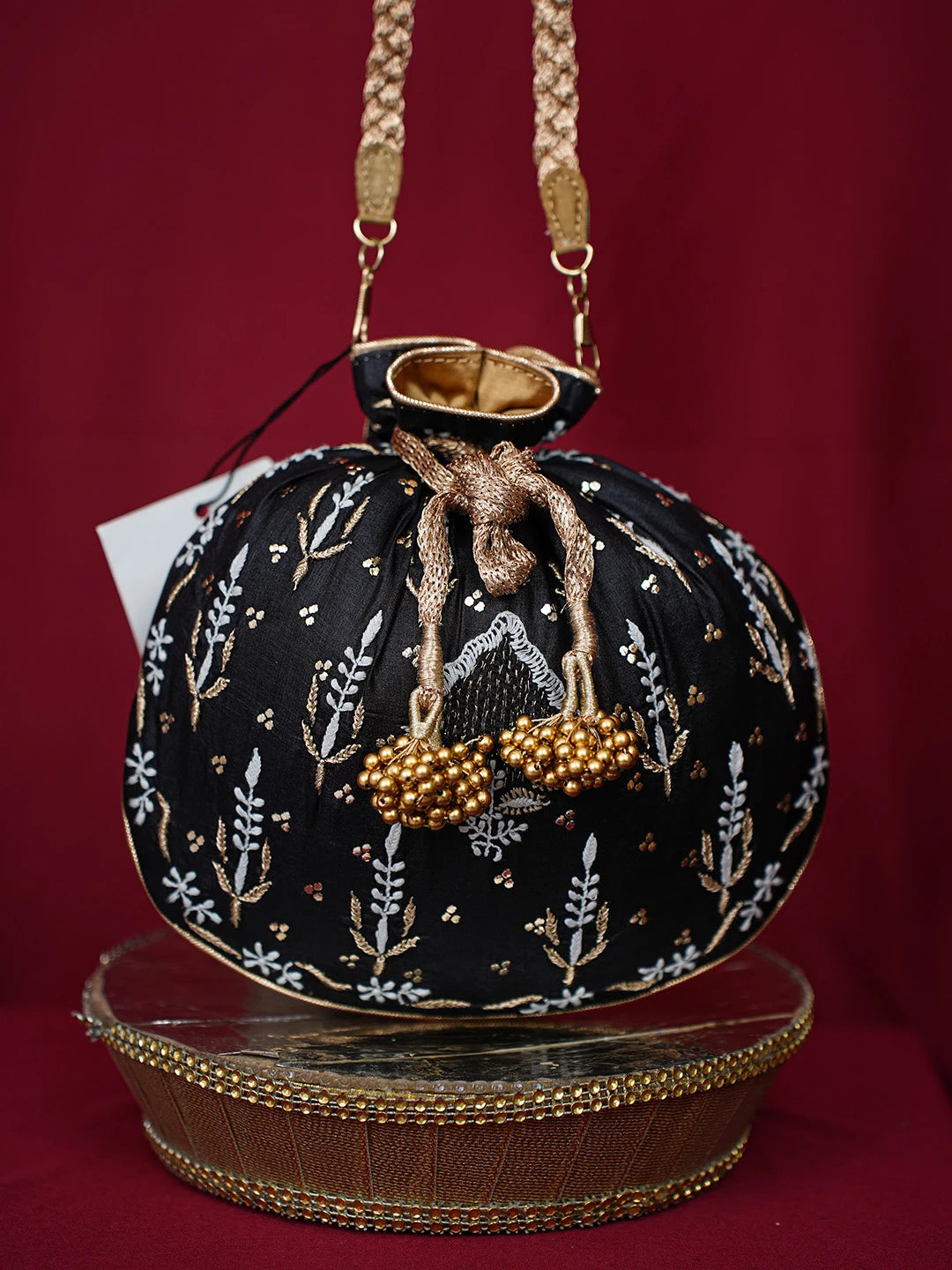 Ada Hand Embroidered Black Silk Lucknowi Chikankari Potli Bag With Muqaish Work 01A696468