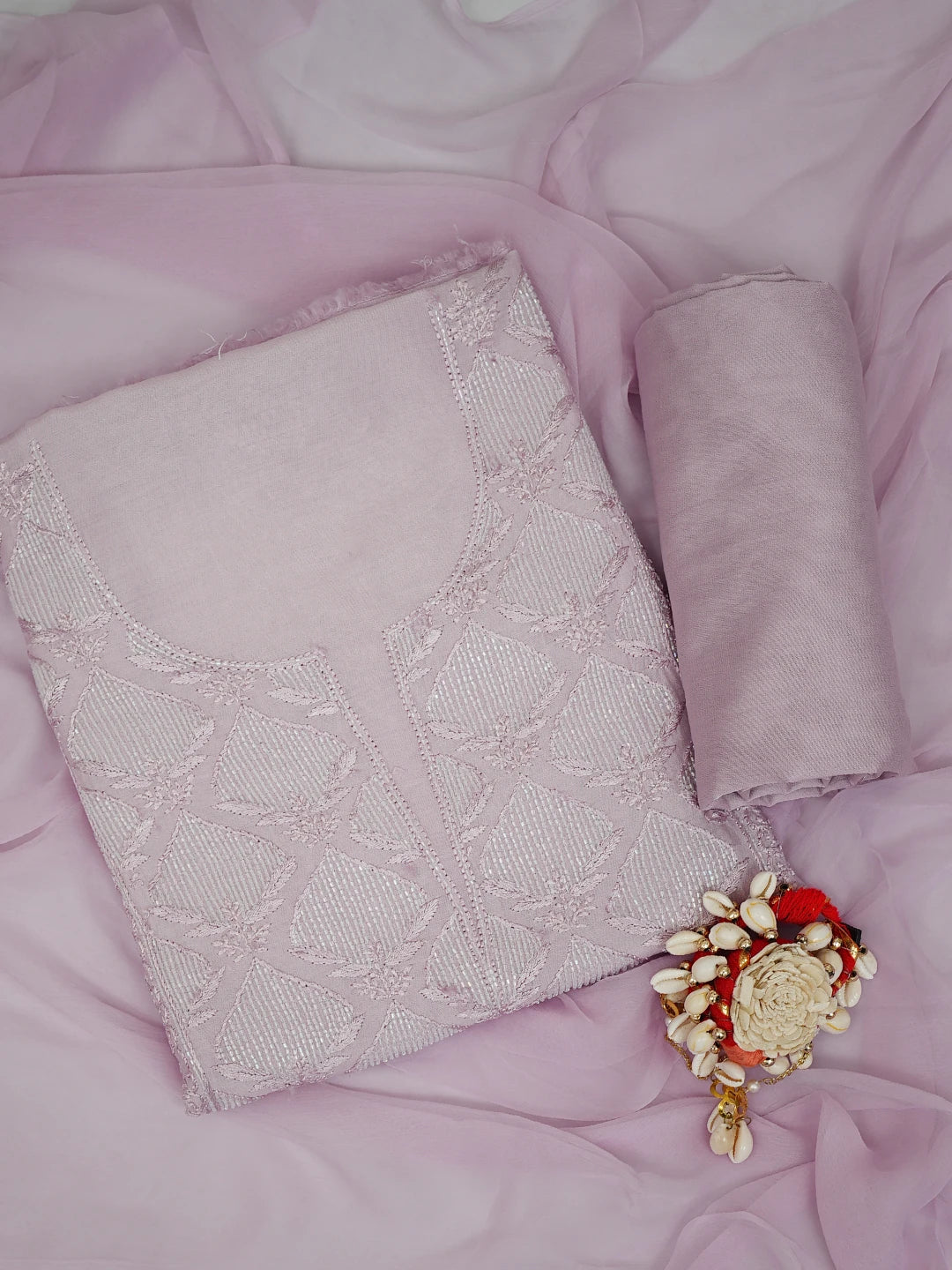 Ada Hand Embroidered Mauve Maslin Lucknowi Chikankari Unstitched Kurta Dupatta Set With Cutdana Work 01A713171