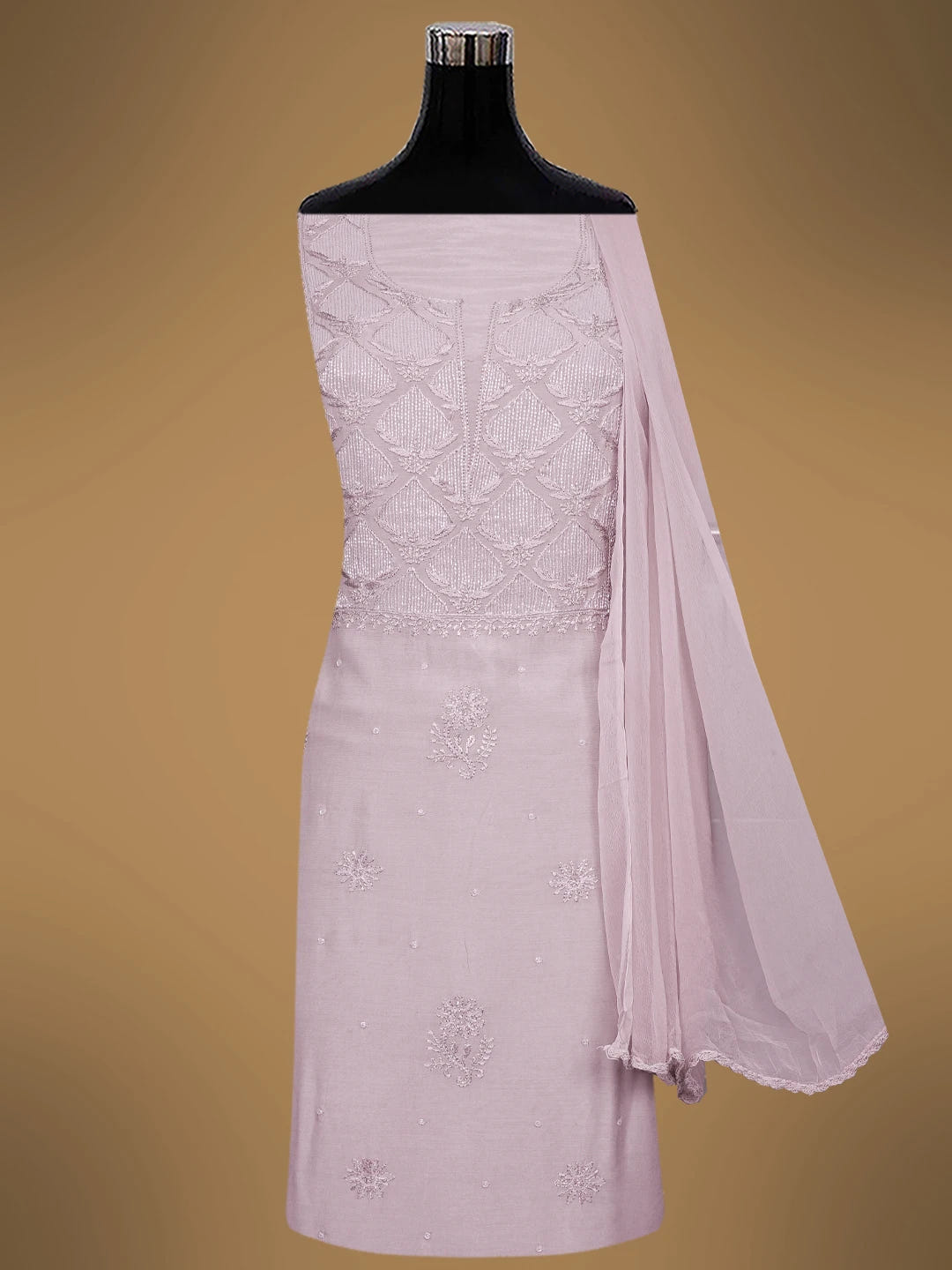 Ada Hand Embroidered Mauve Maslin Lucknowi Chikankari Unstitched Kurta Dupatta Set With Cutdana Work 01A713171