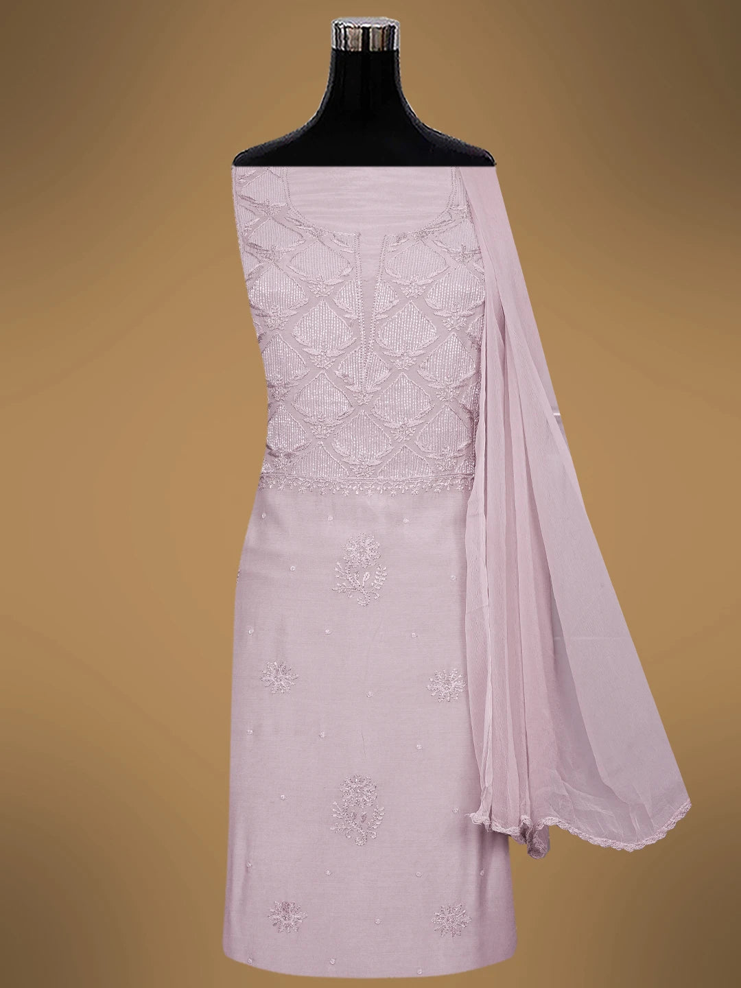 Ada Hand Embroidered Mauve Maslin Lucknowi Chikankari Unstitched Kurta Dupatta Set With Cutdana Work 01A713171