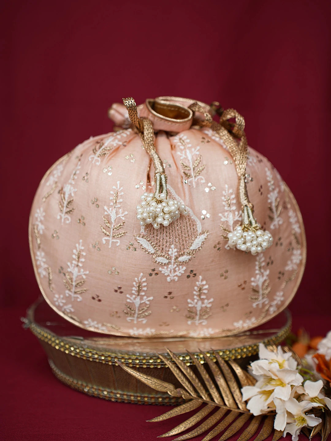 Ada Hand Embroidered Peach Silk Lucknowi Chikankari Potli Bag With Muqaish Work 01A680718