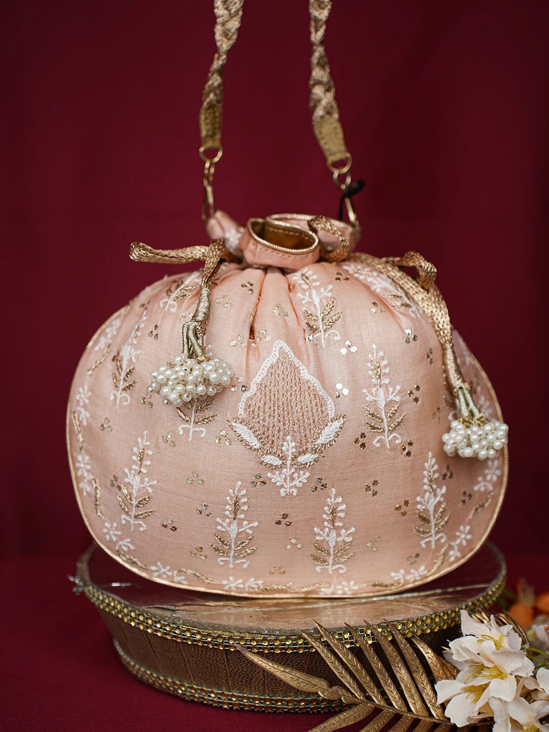 Ada Hand Embroidered Peach Silk Lucknowi Chikankari Potli Bag With Muqaish Work 01A680718