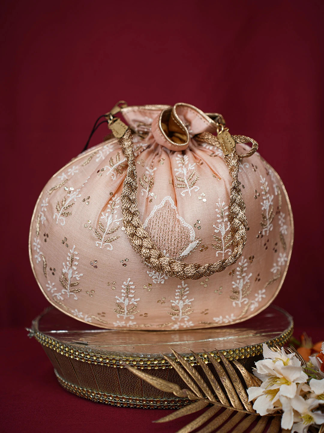Ada Hand Embroidered Peach Silk Lucknowi Chikankari Potli Bag With Muqaish Work 01A680718