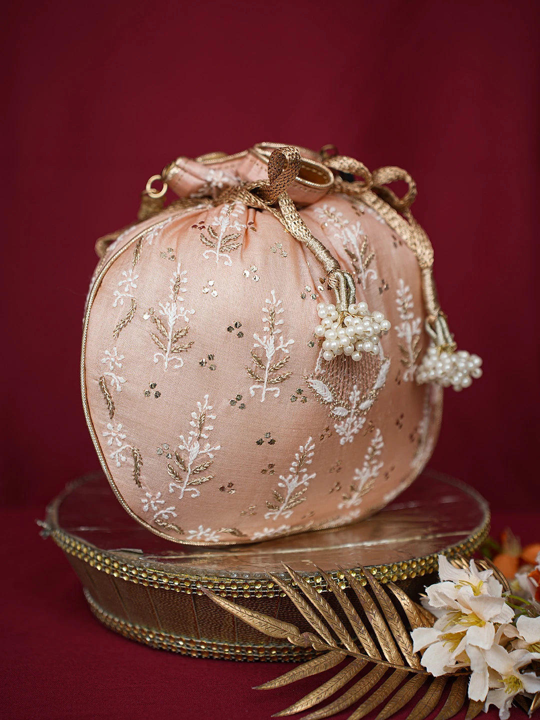 Ada Hand Embroidered Peach Silk Lucknowi Chikankari Potli Bag With Muqaish Work 01A680718