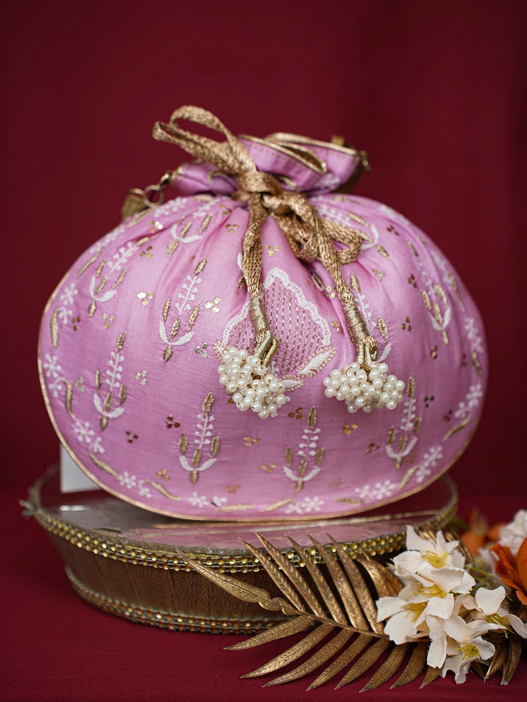 Ada Hand Embroidered Onion Pink Silk Lucknowi Chikankari Potli Bag With Muqaish Work 01A680729