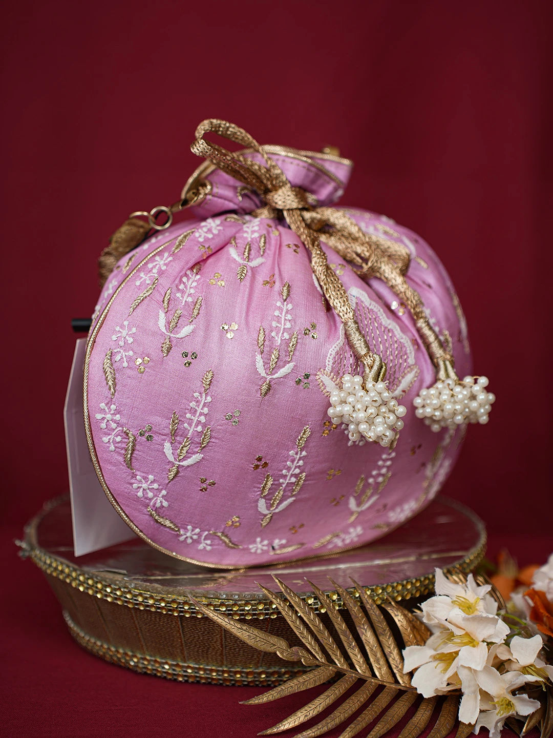 Ada Hand Embroidered Onion Pink Silk Lucknowi Chikankari Potli Bag With Muqaish Work 01A680729