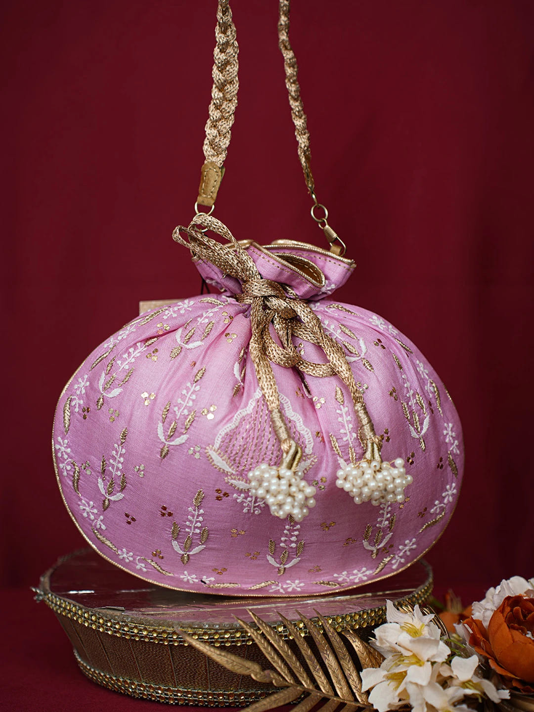 Ada Hand Embroidered Onion Pink Silk Lucknowi Chikankari Potli Bag With Muqaish Work 01A680729