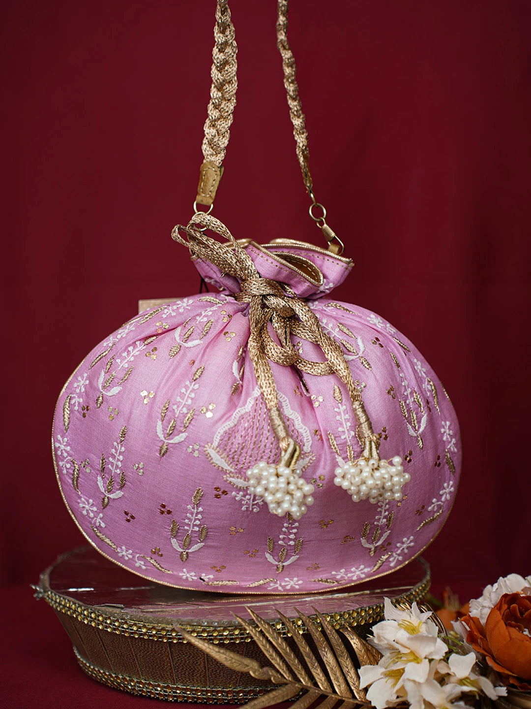 Ada Hand Embroidered Onion Pink Silk Lucknowi Chikankari Potli Bag With Muqaish Work 01A680729