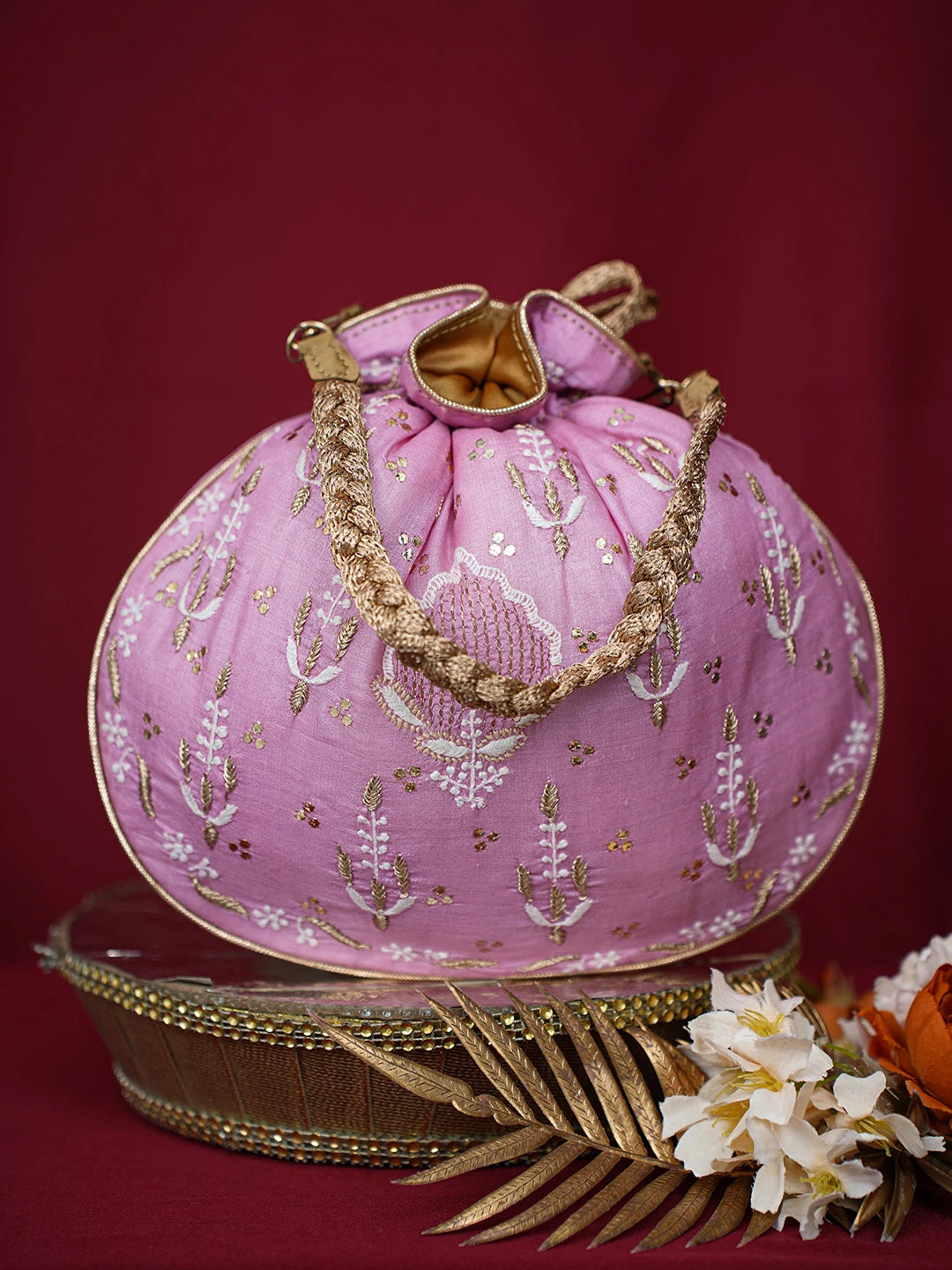 Ada Hand Embroidered Onion Pink Silk Lucknowi Chikankari Potli Bag With Muqaish Work 01A680729