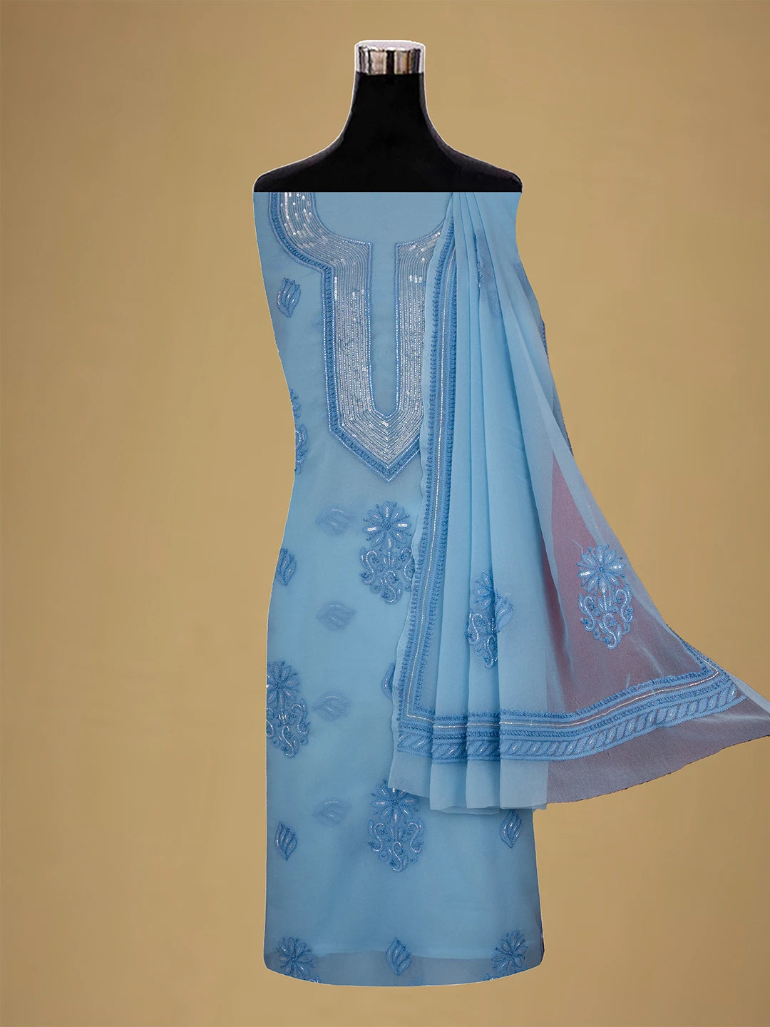Ada Hand Embroidered Blue Georgette Lucknowi Chikankari Unstitched Suit Piece With Cutdana Work 01A713305