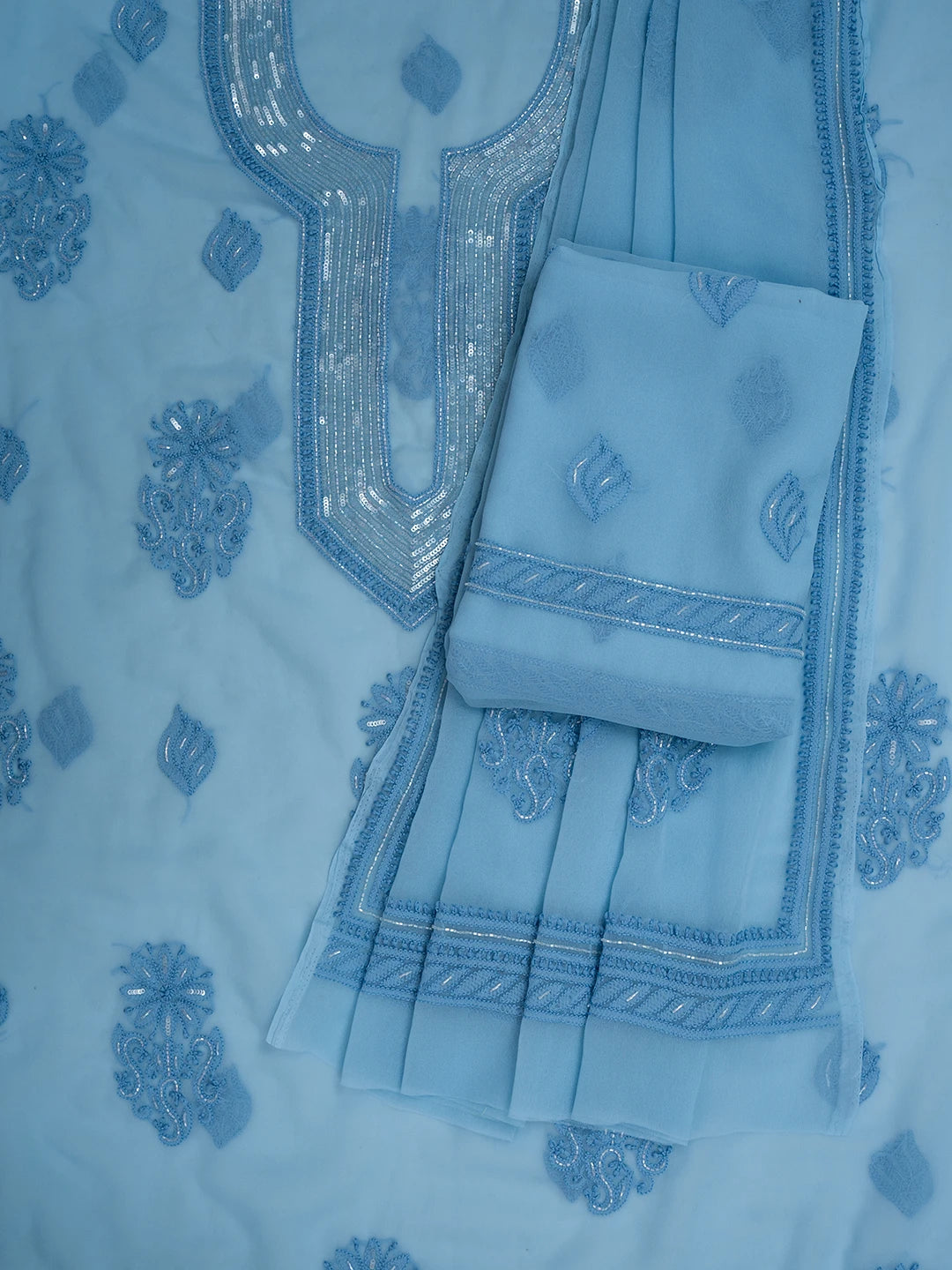 Ada Hand Embroidered Blue Georgette Lucknowi Chikankari Unstitched Suit Piece With Cutdana Work 01A713305