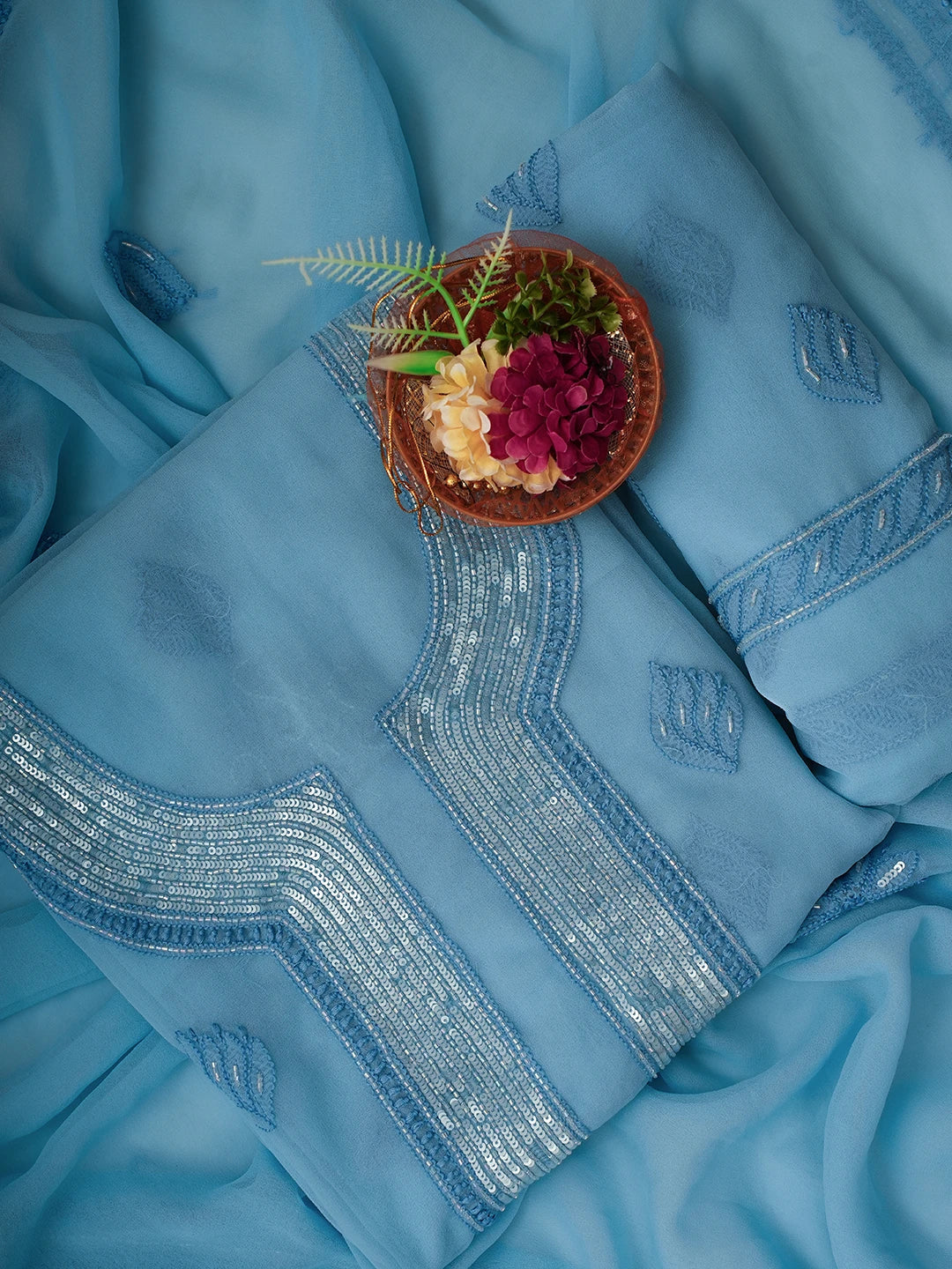 Ada Hand Embroidered Blue Georgette Lucknowi Chikankari Unstitched Suit Piece With Cutdana Work 01A713305