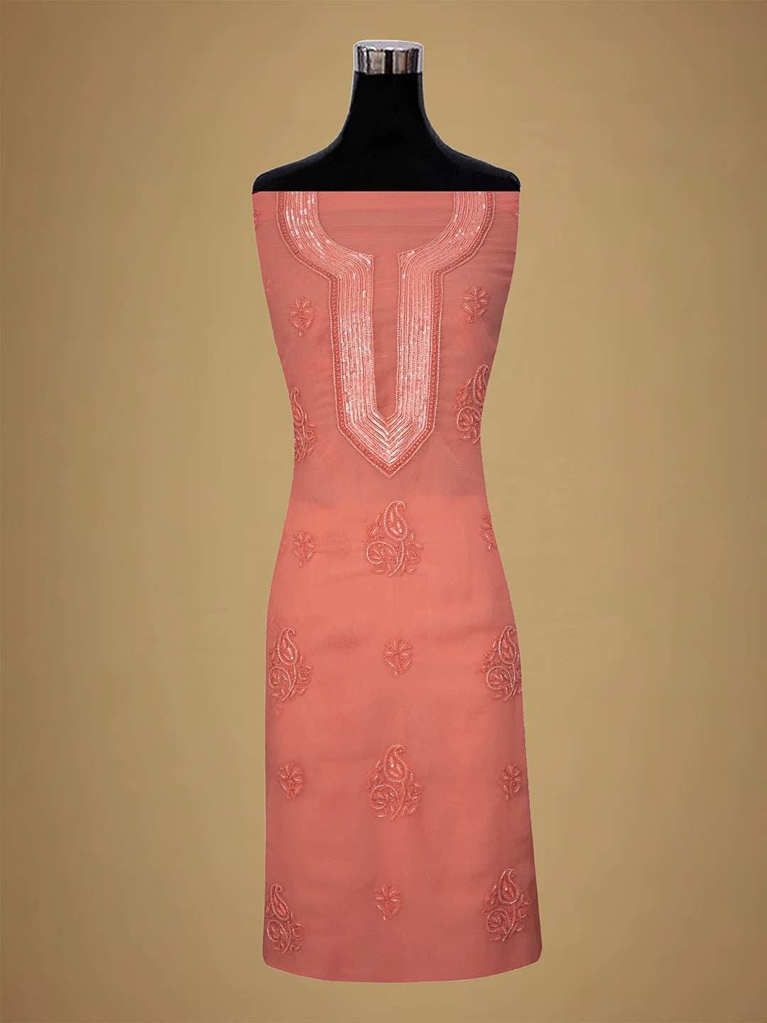 Ada Hand Embroidered Dusty Peach Georgette Lucknowi Chikankari Unstitched Suit Piece With Cutdana Work 01A713297