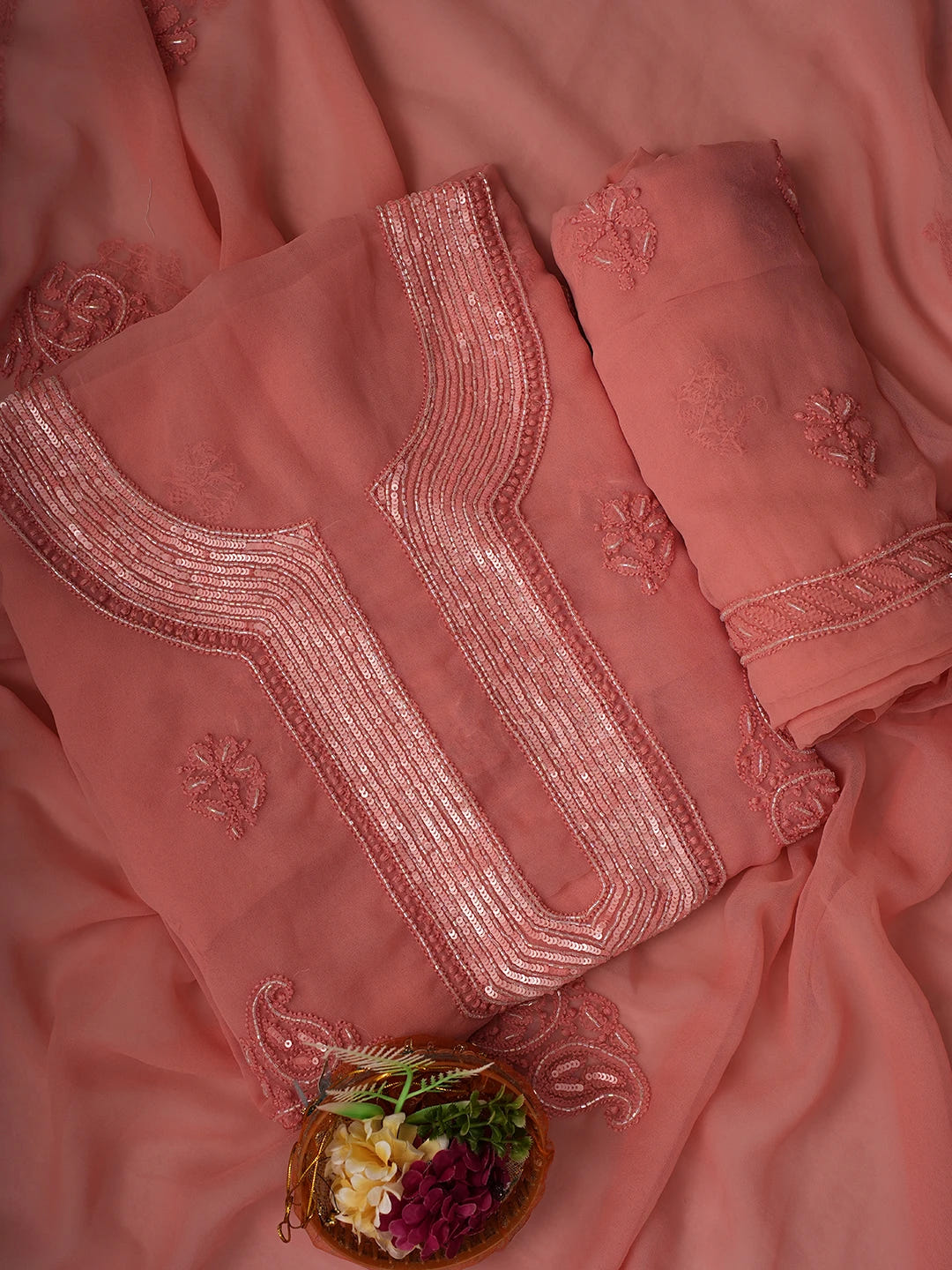 Ada Hand Embroidered Dusty Peach Georgette Lucknowi Chikankari Unstitched Suit Piece With Cutdana Work 01A713297