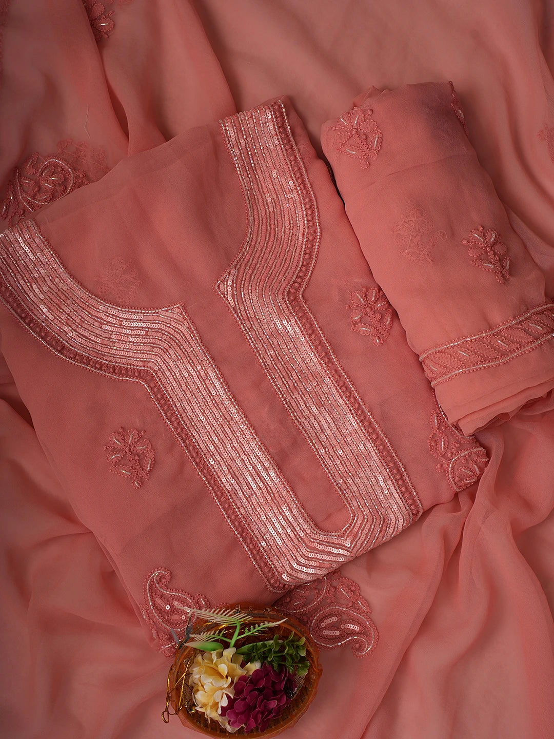Ada Hand Embroidered Dusty Peach Georgette Lucknowi Chikankari Unstitched Suit Piece With Cutdana Work 01A713297