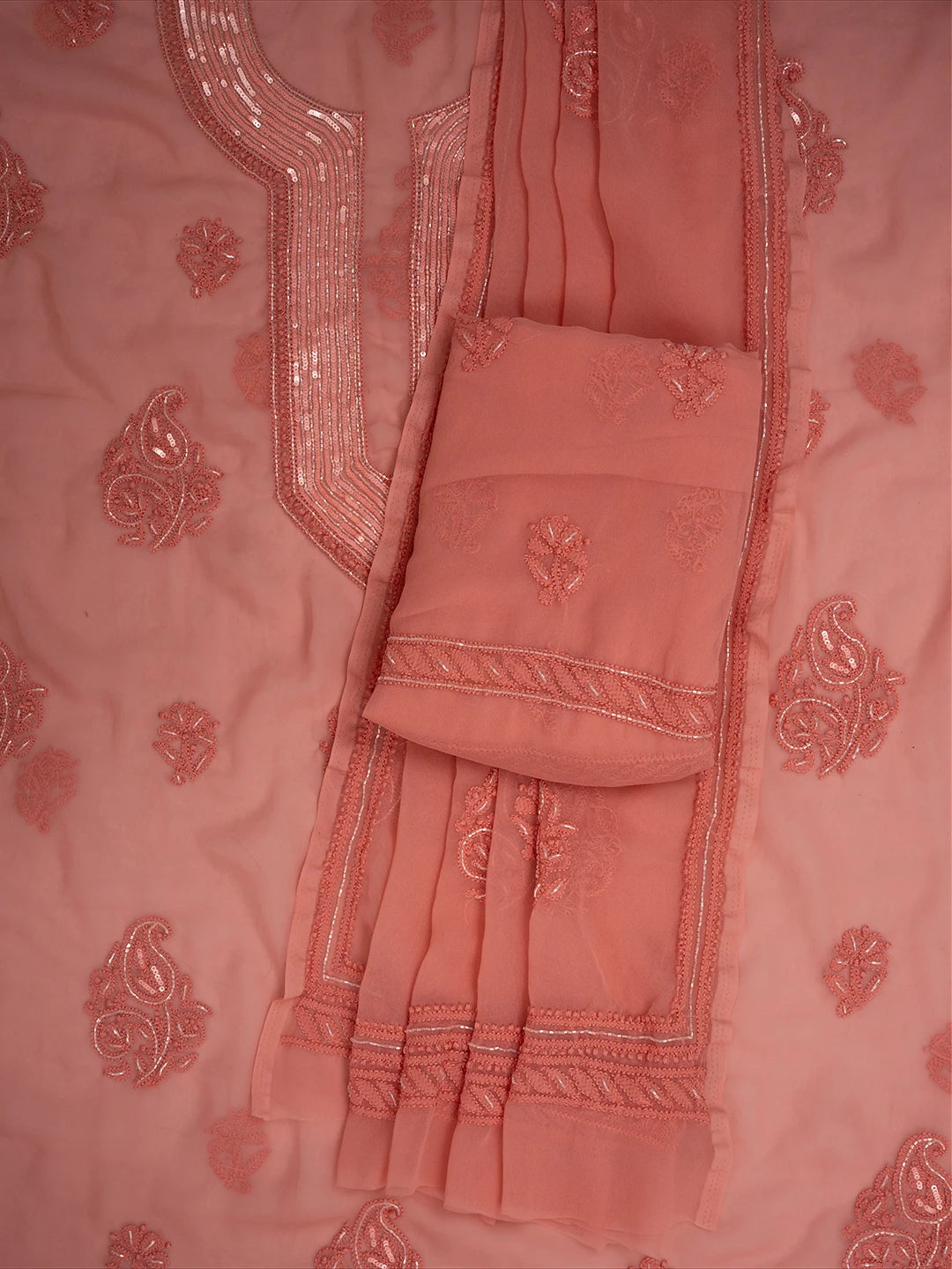 Ada Hand Embroidered Dusty Peach Georgette Lucknowi Chikankari Unstitched Suit Piece With Cutdana Work 01A713297