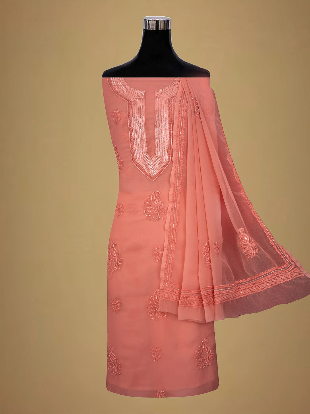 Ada Hand Embroidered Dusty Peach Georgette Lucknowi Chikankari Unstitched Suit Piece With Cutdana Work 01A713297