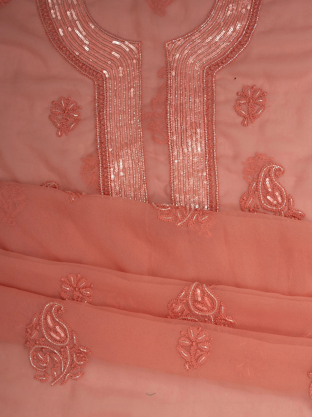 Ada Hand Embroidered Dusty Peach Georgette Lucknowi Chikankari Unstitched Suit Piece With Cutdana Work 01A713297