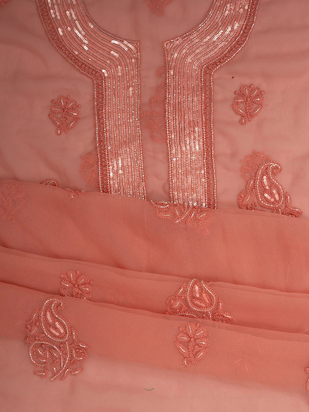 Ada Hand Embroidered Dusty Peach Georgette Lucknowi Chikankari Unstitched Suit Piece With Cutdana Work 01A713297