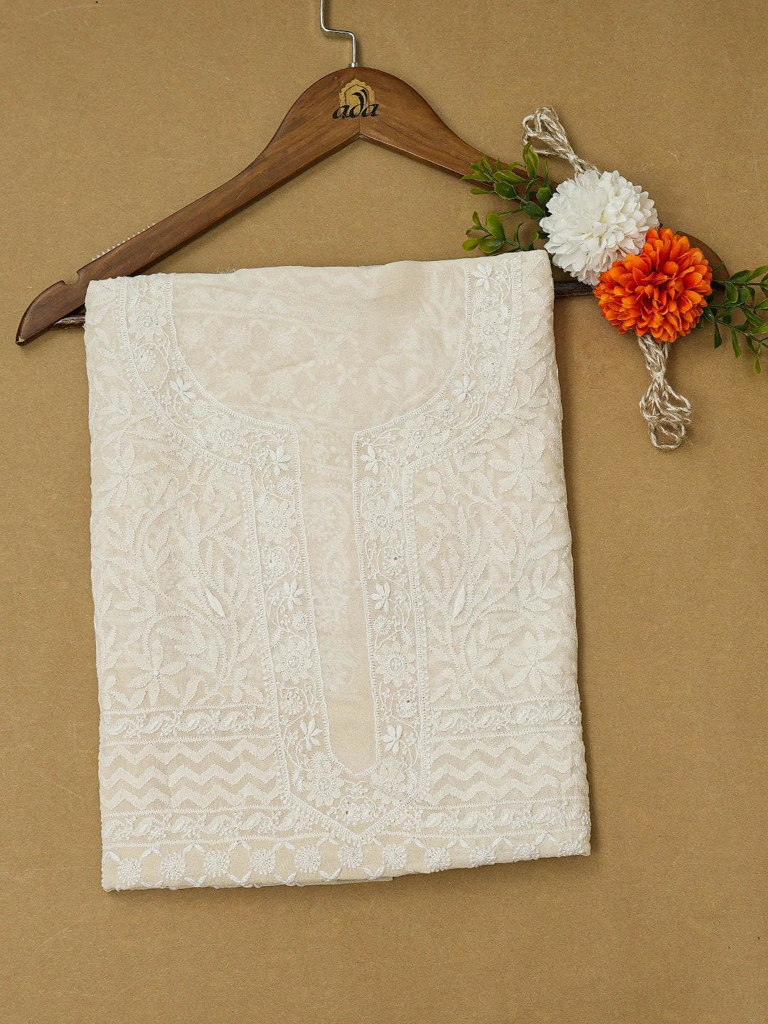 Ada Hand Embroidered Ivory White Pure Georgette Lucknowi Chikankari Unstitched Kurta Piece A21480