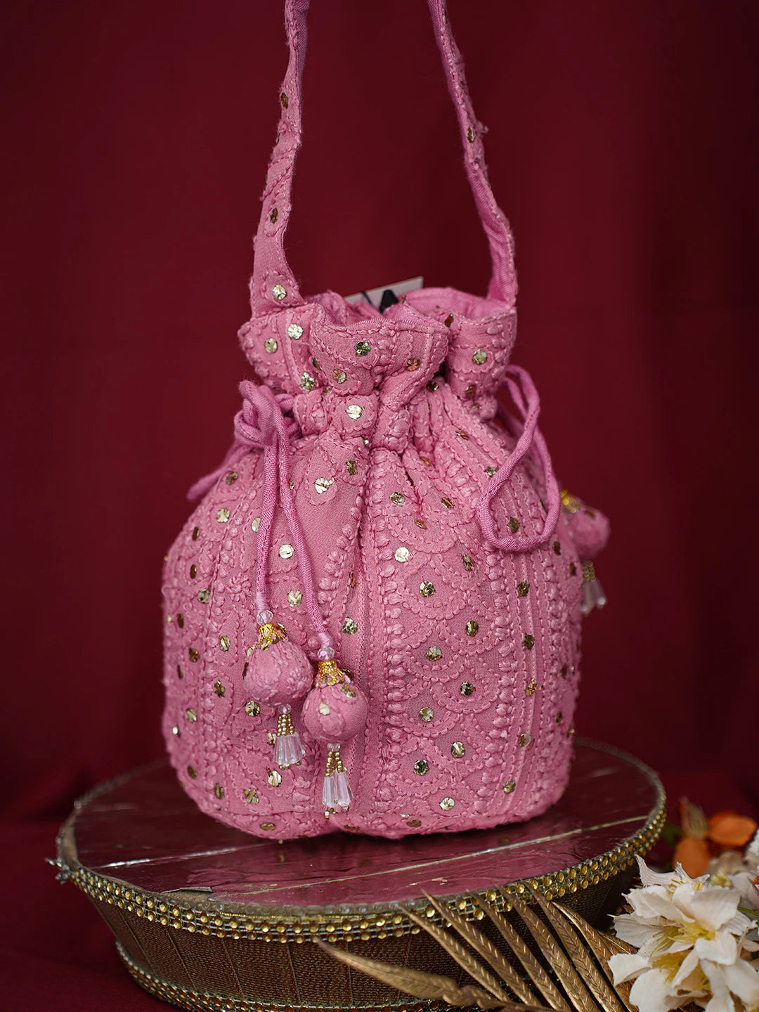 Ada Hand Embroidered Rose Vale Pink Viscose Georgette Lucknowi Chikankari Potli Bag With Muqaish Work 01A691361